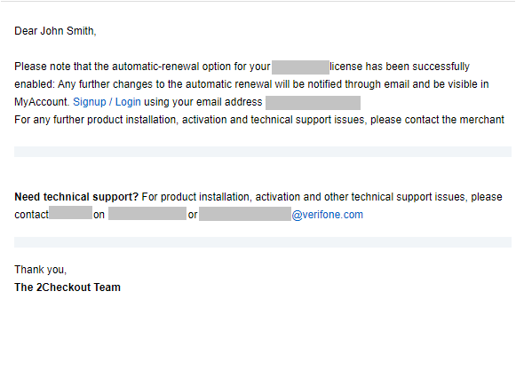 E-mail sent once automatic renewal is enabled
