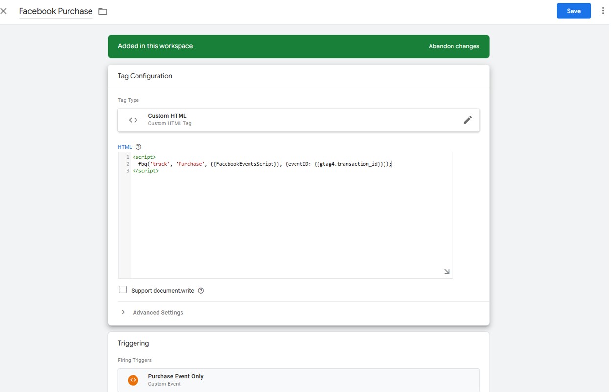 Create a tag for the Facebook Pixel for the purchase event