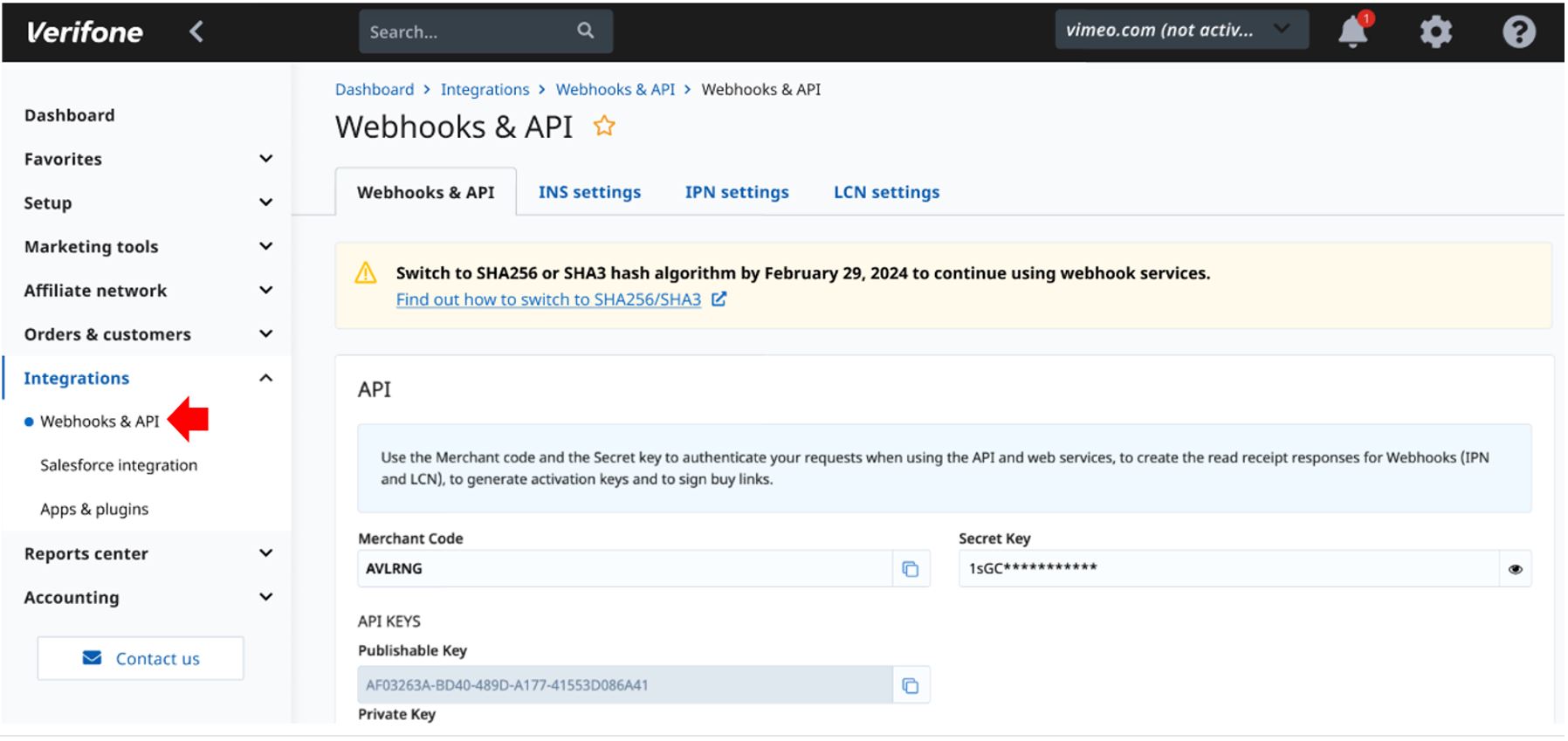 Webhooks and API screen