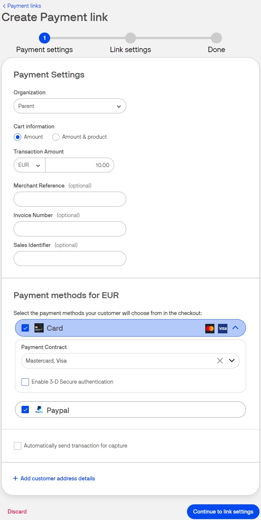 Payment settings screen