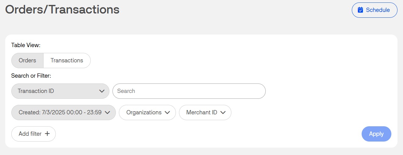 Order and Transactions view