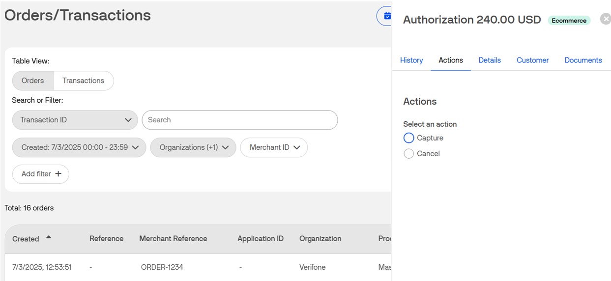 Actions tab for Capture