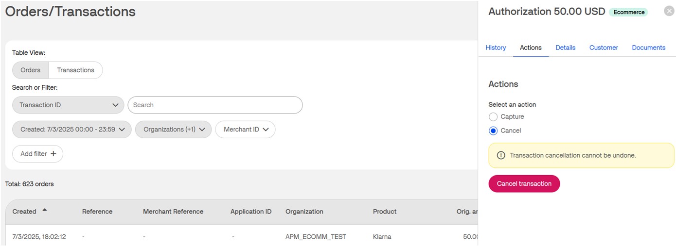 cancel klarna transactions