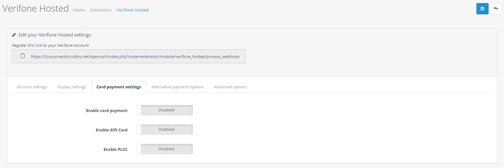 OpenCart Card payment settings screen