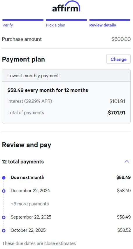 Affirm selected payment plan