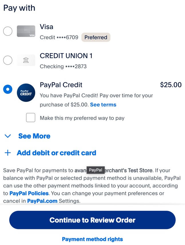 PayPal Credit as the payment option