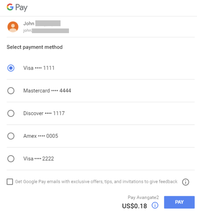 Google Pay saved cards