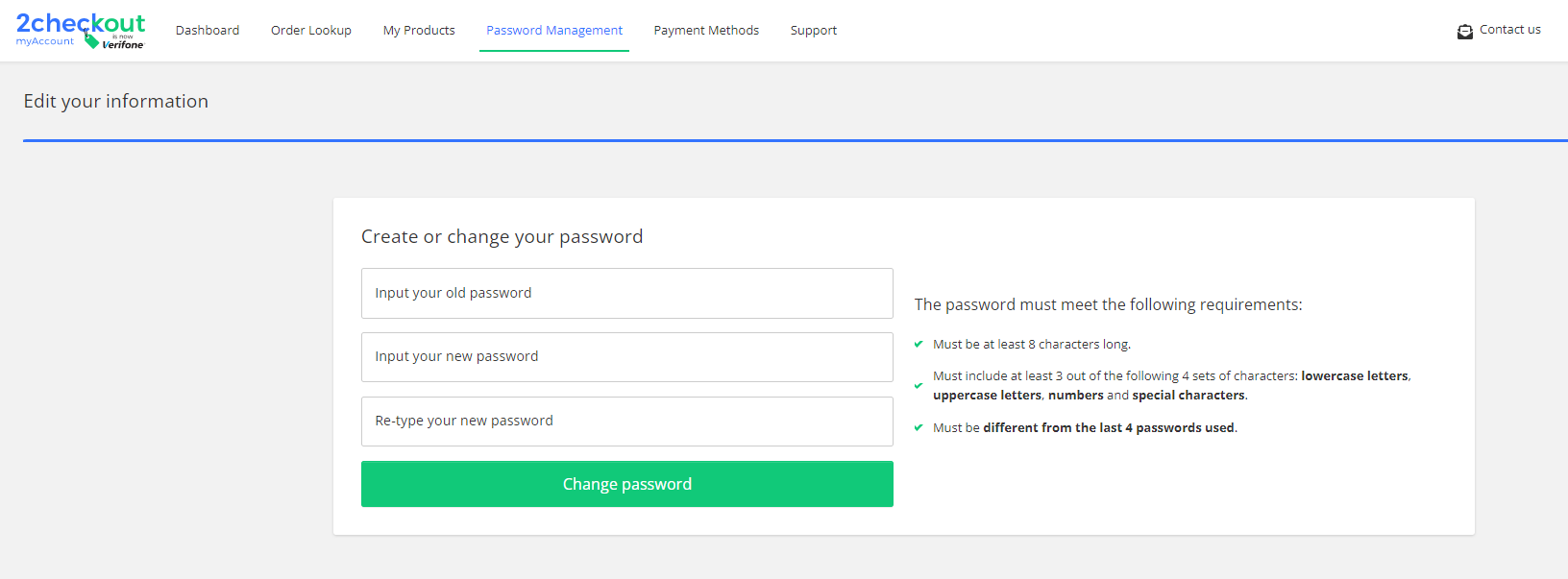 change password in 2Checkout myAccount