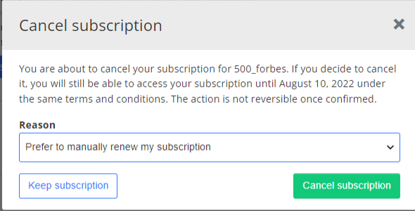 Subscription cancellation via myAccount | Documentation | 2Checkout