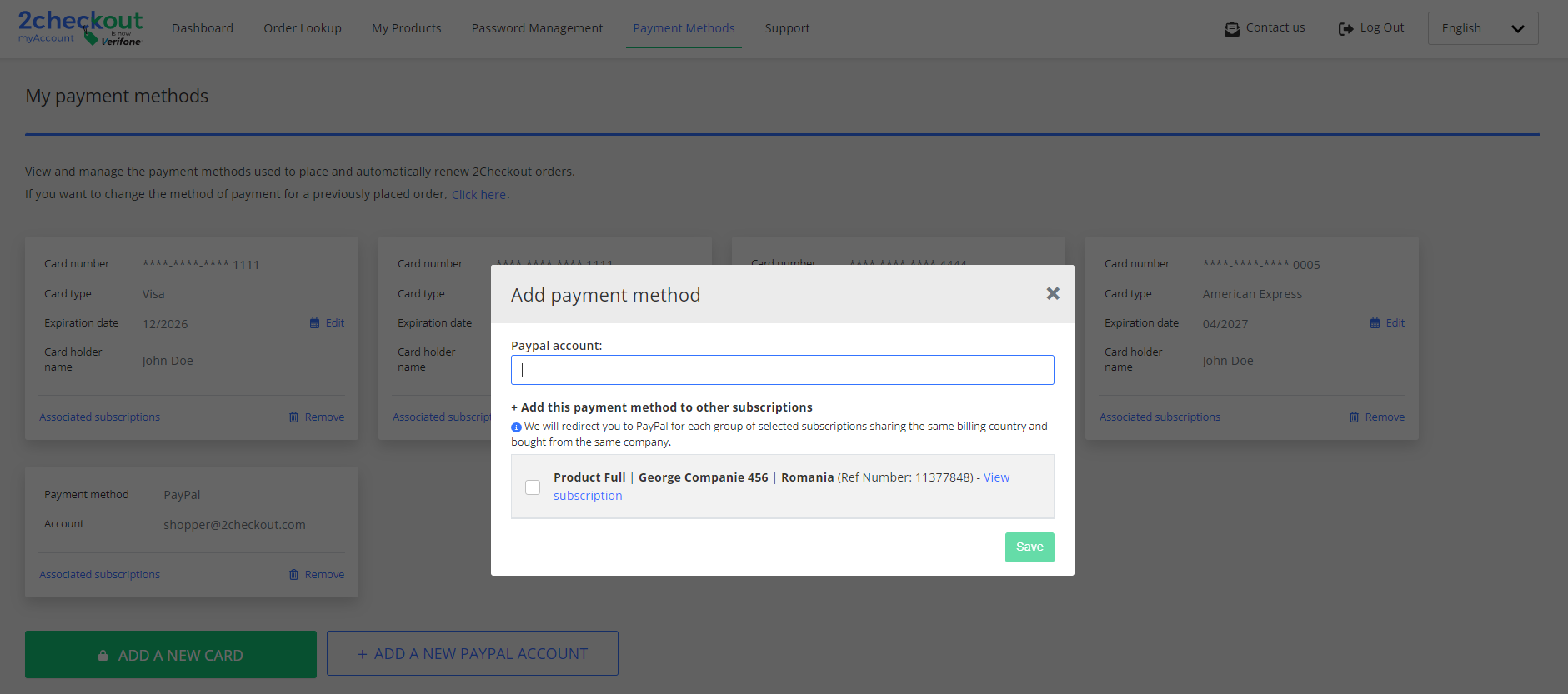 Payment methods - Add a PayPal account modal.