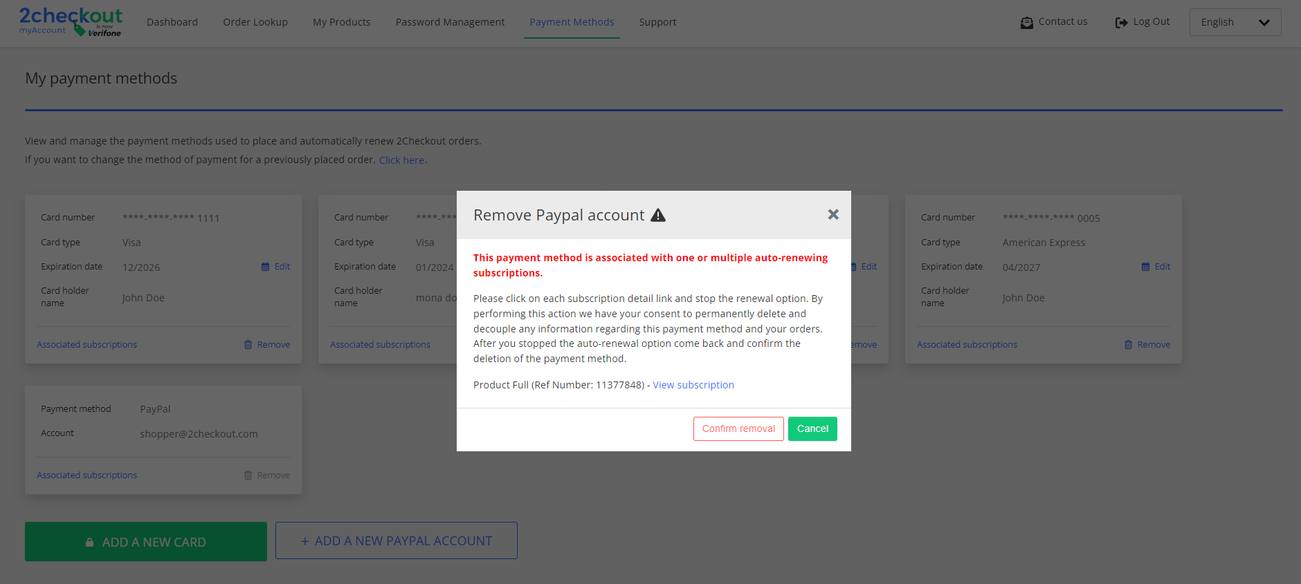 Payment methods - delete paypal modal