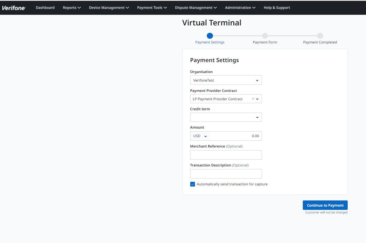 virtual terminal payment settings