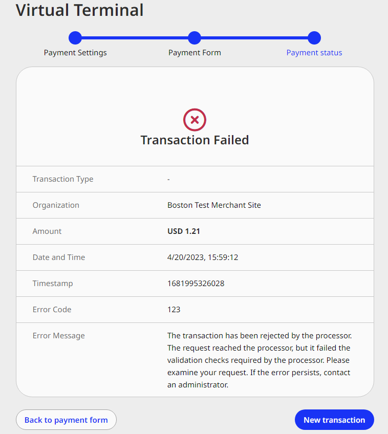 virtual terminal transaction failed