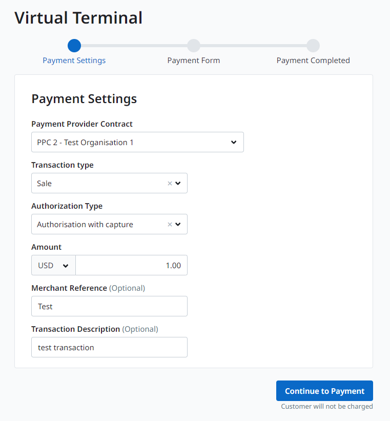 Virtual Terminal Payment Settings window