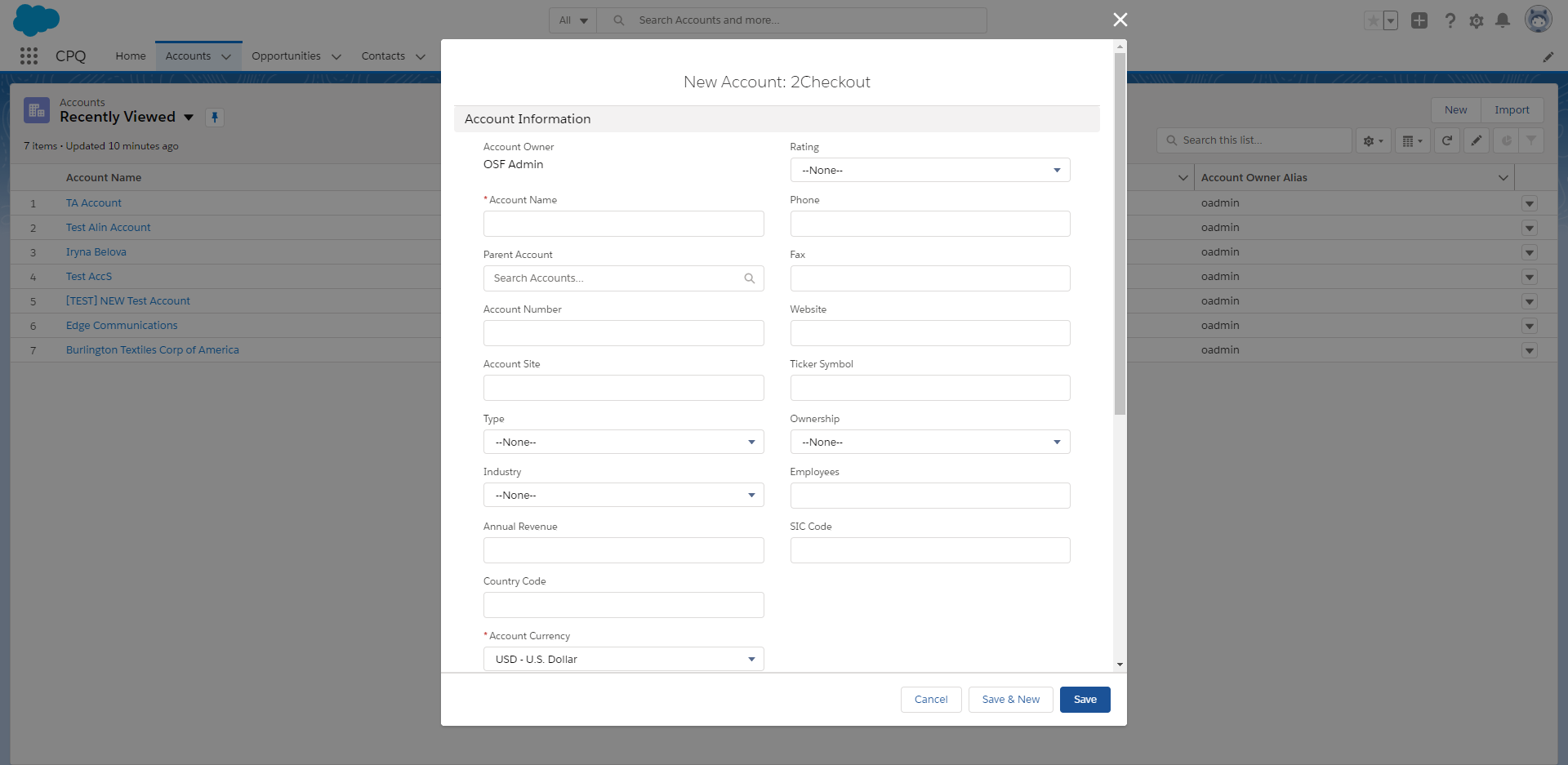 account pop-up and the predefined fields to be filled in