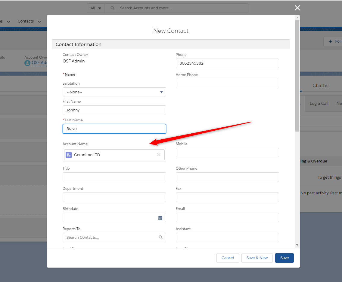 contact pop-up and the predefined fields to be filled in