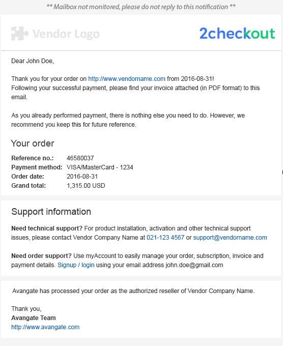 Invoice email Documentation 2Checkout